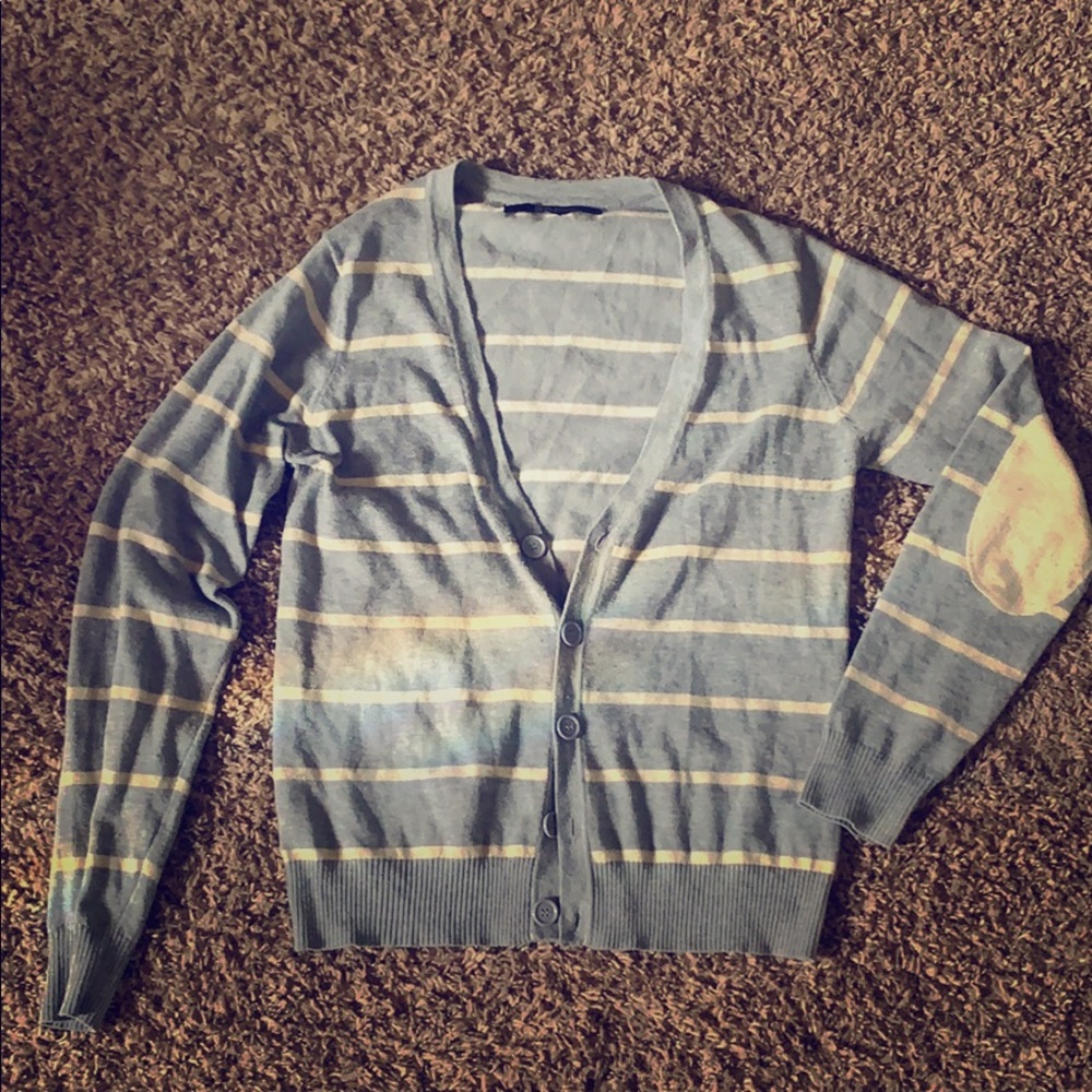 striped cardigan with elbow patches